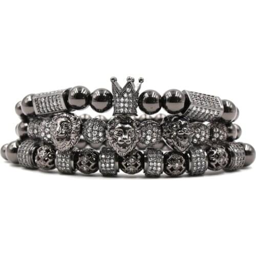 8mm 3set/lot jtj3 silver gold Crown Lion head copper micro pave cz zircon cubic zirconia Bracelet adjusted Charm Bangles