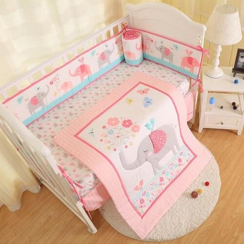 Promotion! 7PCS pink elephant Baby Crib Cot Bedding Set Quilt Bumper Sheet Dust Ruffle (4bumper+bed cover+bed skirt+duvet)