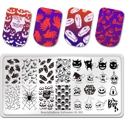 BeautyBigBang Halloween XL-002 Stamping Plates Pumpkin Devil Ghost Cute Image Stainless Steel 12*6cm Nail Art Stencil Template