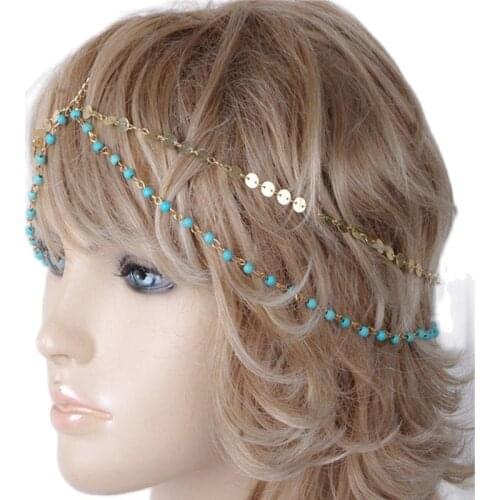 Bohemian Fashion Bead Round Sequins Drop Multilayer Tassel Chain Head Jewelry Headbands Hair Band Piece