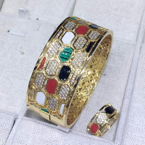 Zlxgirl Women Big size White Snake bangle with ring jewelry sets Perfect micro pave setting zircon animal bangle bracelet