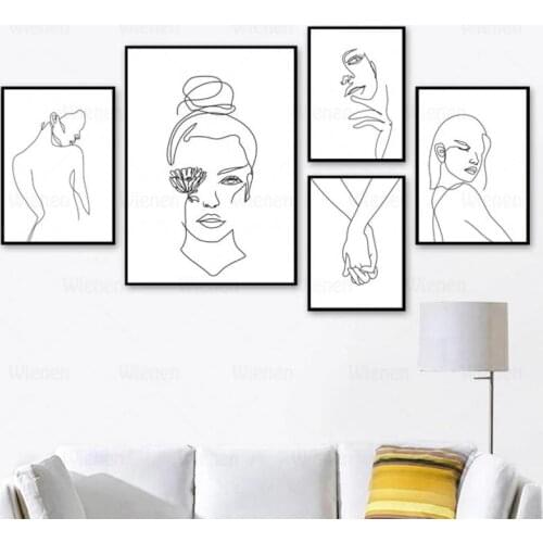 Black White Modern Wall Art Canvas Painting Abstract Girl Face Body Drew Line Picture Home Decor For Living Room Bedroom Murals