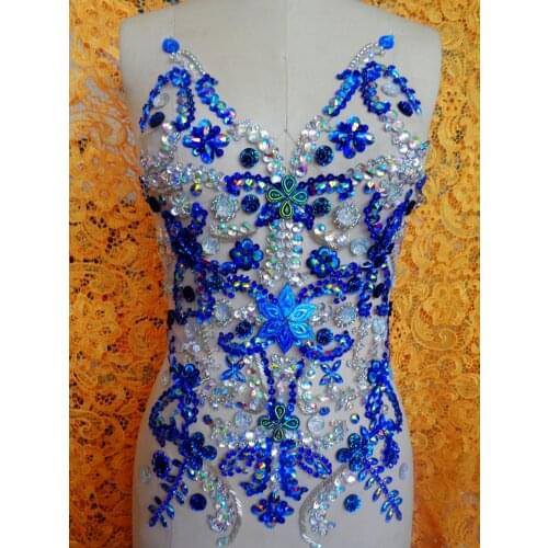Pure hand made deep blue/clear AB colour sew on Rhinestones applique crystals patches 50*32cm DIY dress accessory