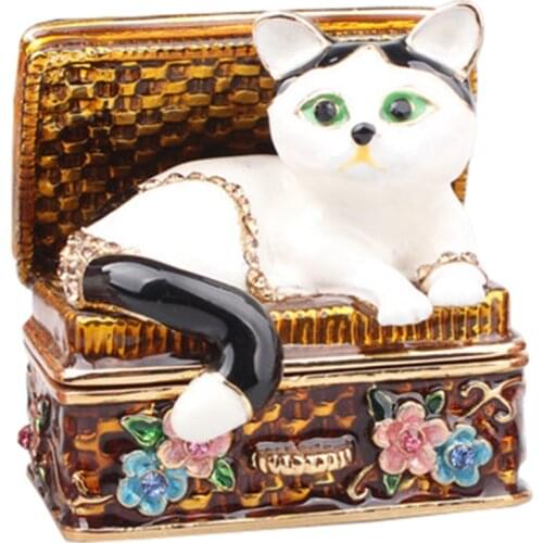 Enamel Hand Painted Cat in Treasure Chest Trinket Box Cat Figurine Statues Gifts