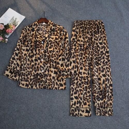 2PCS Long Sleeve Sleepwear Sleep Suit Womens V-Neck Pajamas Sets Spring Silky Satin Print Pyjamas Lounge Home Wear Nightwear