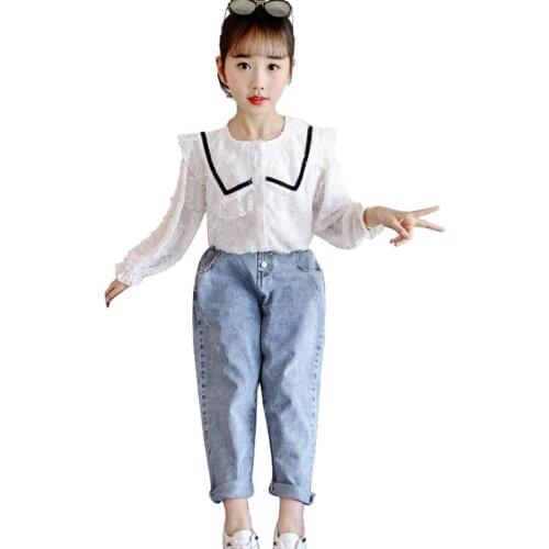 Girls Clothes Set Blouse + Jeans Girl Clothes Casual Style Jeans Kids Spring Autumn Childrens Clothing 6 8 10 12 14