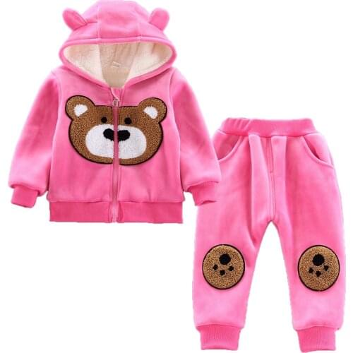 Thick Plush Suit For Baby Girl Winter Cartoon Bear Lovely Girls Clothing Set Warm Jacket + Pants Toddler Kids Clothing set