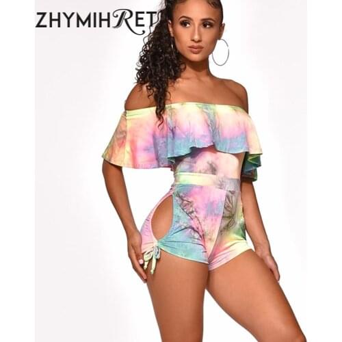ZHYMIHRET Summer Slash Neck Tie Dye Playsuit Women Side Hollow Out Ruffles Bodysuit Femme Sexy Short Rompers Womens Jumpsuit