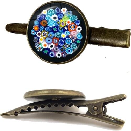 Murano Millefiori Tie Clip MultiColour Flower 16mm Glass Cabochon Antique Bronze Tie Clasp For Men Shirt Gift Wholesale