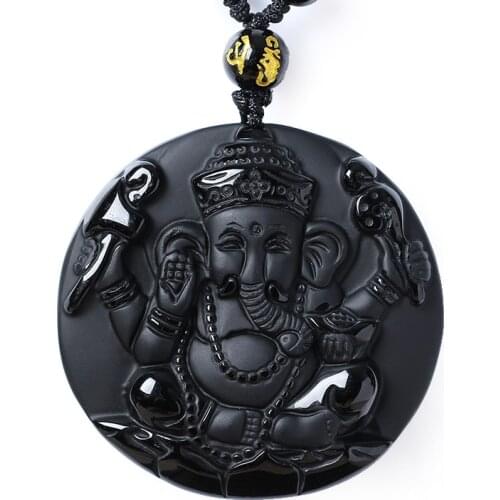 Natural Black Obsidian Carved Ganesh Elephant Lucky Pendants Free Necklace Fine Stone Crystal Fashion woman man Amulet Jewelry