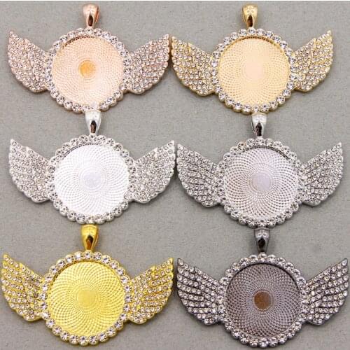 New 25mm Round Cabochon Pendant Base Angel Wing Charms For DIY Jewelry Making Alloy Matching Necklace Jewellry Findings