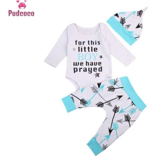 Baby Clothing 3Pcs Newborn Infant Baby Boys Letter Printed Romper + Arrow Pants Hat Outfits Clothes Set