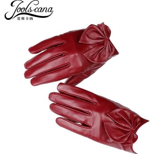JOOLSCANA fashion leather gloves women wrist bowkont winter autumn touch screen summer mitten Italian genuine sheepskin 2018