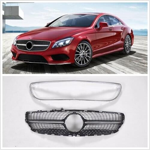 For Mercedes Benz W218 CLS Grille 2014-2018 Black With Grill Cover Frame Diamond Style Car Replacement Front Bumper Hood Mesh
