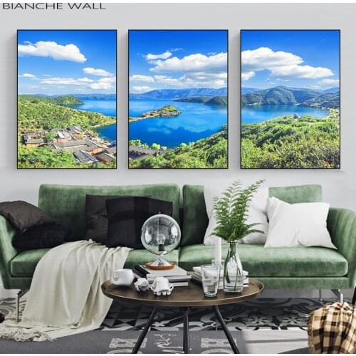 Blue Sky White Clouds Mountain Lake Forest Natural Scenery Poster Wall Art Canvas Print Painting Home Decor Landscape Picture