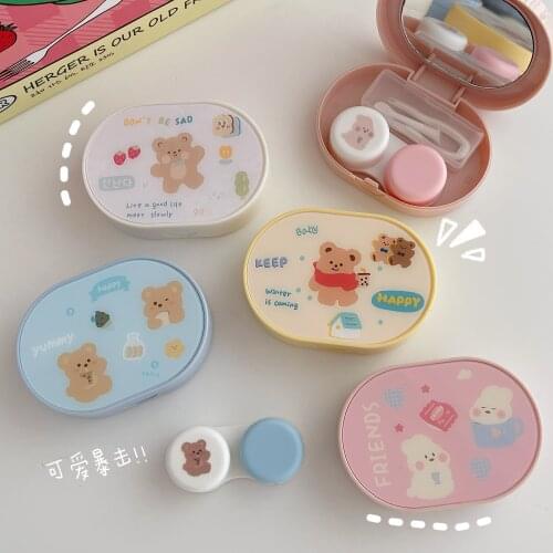 Pink love bear contact lens case with mirror Cartoon beauty lens case contact lens storage box gift