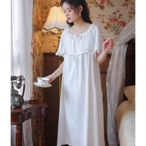 Short-sleeved Nightdress Female Summer Cotton Retro Girl Palace Style Princess Lace Solid Color Pajamas Loose and Elegant