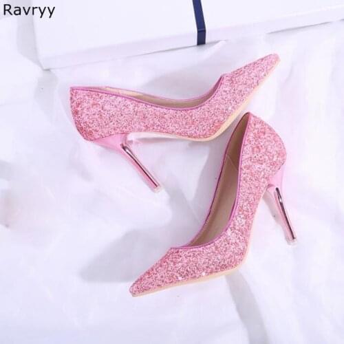 Bride wedding dress shoes 9cm Pink rose woman high heels slip-on female pumps bling bling paillette stiletto bridesmaid heels