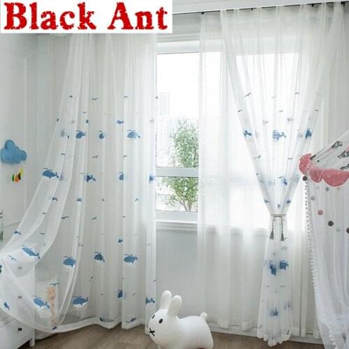 Cartoon Whale Voile Curtains For Kids Bedroom Window Treatment Modern Blue /Black Sheer Tulle Living room Screen Panel X743#3