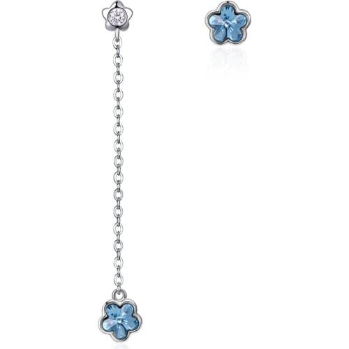 SILVERHOO 925 Sterling Silver Asymmetry Letter Star Earrings Stud Blue Austria Crystal Earrings For Women Romantic Fine Jewelry