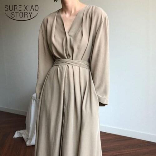 New 2021 Casual V-neck Vintage Long Dress Buttons Women Spring Dresses Elegant Oversize Solid Dress Women Robe Femme 13205