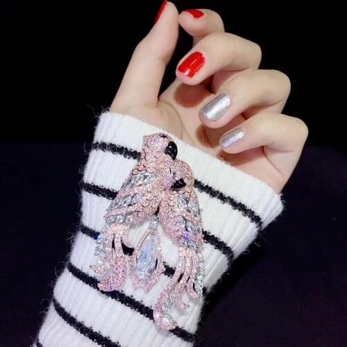 Pink color 925 sterling silver with cubic zircon double parrots brooch pins love birds fine women jewelry for dress or coat