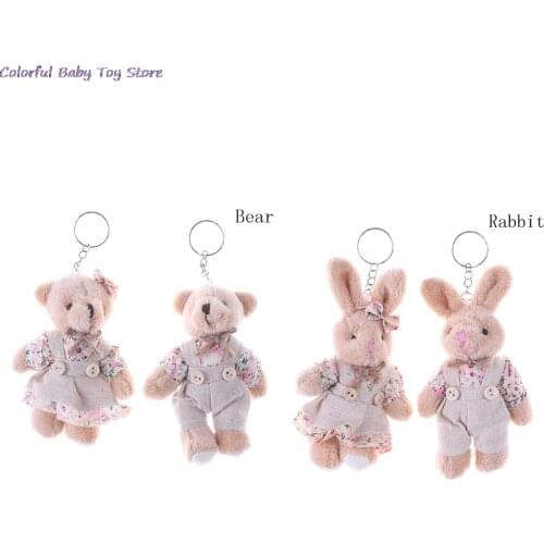 1 Pair 11cm Floral Cloth Teddy Bear Rabbit Bunny Dolls Key Bag Pendants Couple Bear Rabbit Plush Keychain Lovers Friends Gift
