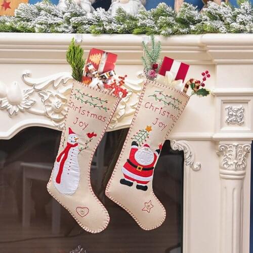 2020 Christmas Socks Embroidered Hemp Large Old Man Snowman Candy Gift Bag Stockings Cn(origin) QUYING Non-woven Fabrics
