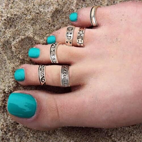 17KM 7Pcs Bohemian Summer Beach Vacation Knuckle Foot Rings Set for Women Girls Silver Color Moon Opening Ring Jewelry Wholesale