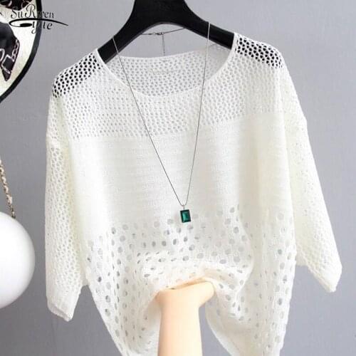 White Hollow Out Thin Bottoming Sling Blouse Spring Summer Silk Knitted Women Shirts O Neck Streetwear Womens Clothing 13686