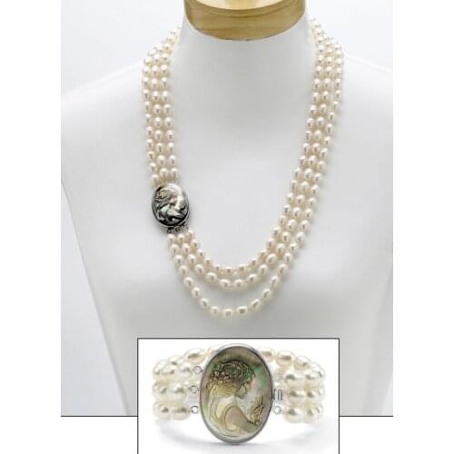 Free shipping 656 Freshwater Pearl and Black Mother-of-Pearl Cameo 3 Strand Necklace Bracelet Set