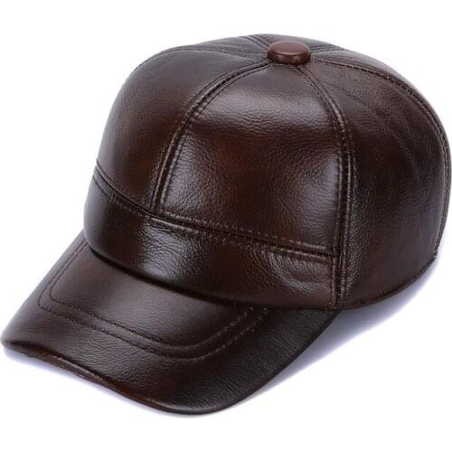 100% Genuine Leather Baseball Cap Elder Men and Women Adjustable Ear Protection Hat Male Winter Peaked Cap New Year Gift B-7135