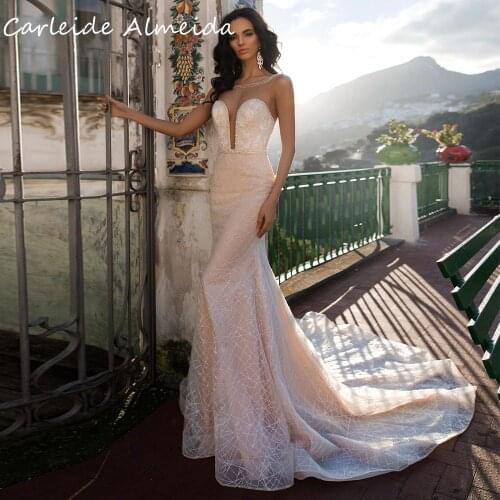 Scoop Neck Shinning Sequined Lace Mermaid Wedding Dresses 2021 with Lace Appliques & Beads Sexy Wedding Gowns Sukienki koktajlo