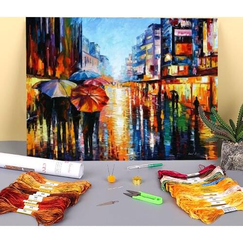 Night Umbrellas Printed Canvas 11CT Cross Stitch DIY Embroidery Patterns DMC Threads Handiwork Handmade Needlework Stamped