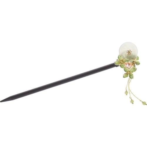 China vintage Natural jade bead Cloisonne green leaf wooden kimono hairpin court hanfu hair sticks accessories pan head tools