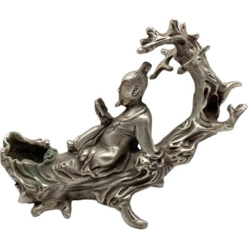 Chinese Old Tibet Silver Carving Old Man Under The Tree