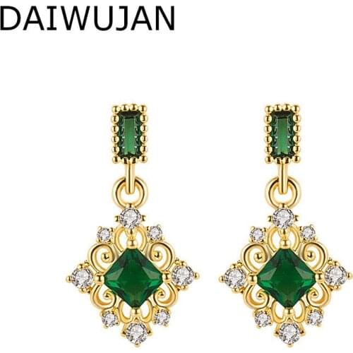 DAIWUJAN Korean Crystal Rhinestone Dangle Earrings For Women Vintage Square Emerald Drop Earrings Party Wedding Jewelry Gift