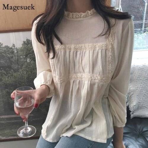 Korean Style Long-sleeved Lace Stand Collar Tops Pleated Sweet Solid Autumn Blouse Women Lace Stitching Slim Shirt Blusas 12727