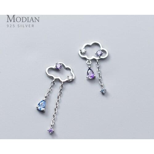 Modian Charm Trendy Cloud Tassel Swing Blue & Purple Zirconia Stud Earrings Exquisite 925 Sterling Silver Studs Ear For Women