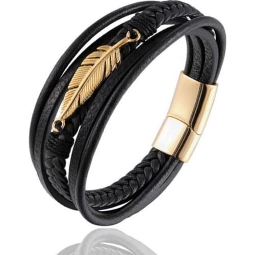 Classic Punk Stainless Steel Feather Accessories Multilayer Leather Bracelet Glamour Mens Rock Prom Jewelry
