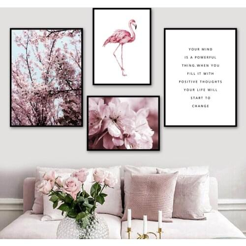 Pink Cherry Blossom Flamingo Sakura Modern Wall Art Canvas Painting Nordic Poster And Prints Wall Pictures For Living Room Decor