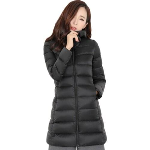 New Chic Autumn Winter Women Hooded Down Coat Lady Midi Long White Duck Down Jacket Slim Plus Size Down Jacket Female CoatsWZ185