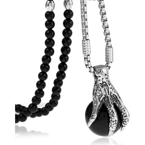 Pink Stainless Steel Black Ball Dragon Claw Pendant Necklace with Black Natural Stone Chain 26"