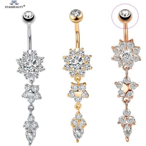 Stunning Crystal Top Flower Navel Ring Dangle Star Belly Piercing Nombril Rose Gold Earrings Belly Button Rings Women Jewelry