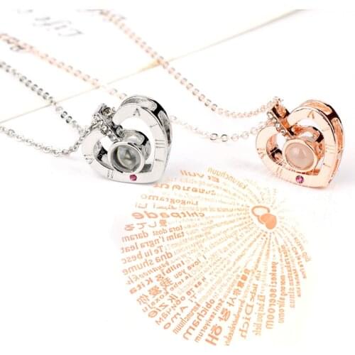 Romantic Jewelry 100 Languages I Love You Projection Pendant Necklace Women Choker Wedding Accessories Heart Necklaces