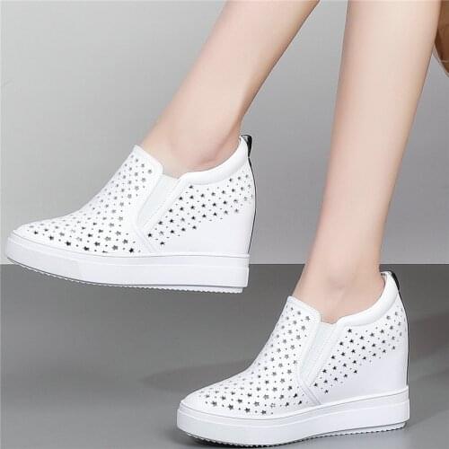 Summer Hollow Creepers Women Genuine Leather Wedges High Heel Gladiator Sandals Female Round Toe Fashion Sneakers Casual Shoes