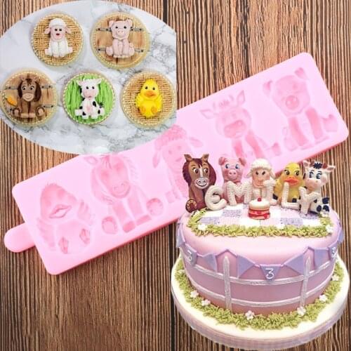 Farm Animals Cake Border Silicone Molds Sheep Horse Fondant Mold Baby Birthday Cake Decorating Tools Chocolate Candy Mould