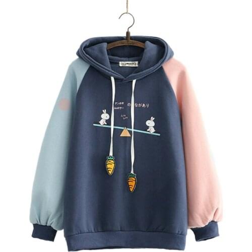 Harajuku Cartoon Print patchwork Casual Hoodies Sweatshirt Women 2020 winter fleece thick New long Sleeve sweet style pullover