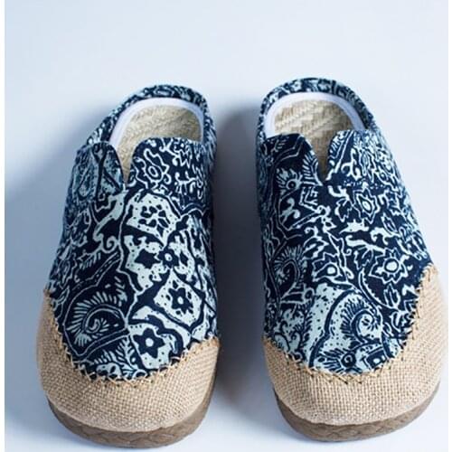 Unisex Handmade Fisherman shoes Comfortable Linen Loafers Zapatillas Blue Porcelain Floral Casual Breathable Flats Sapatos