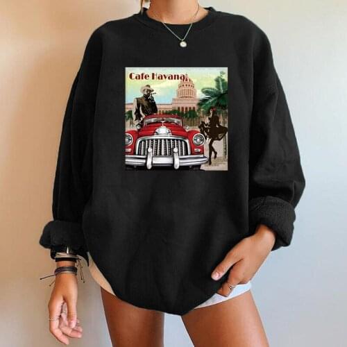 Harajuku Vintage Sweartshirts Streetwear Cafe Havana Car Print Swearshirts Women Winter Pullovers Drop Shoulder Tops Clothes